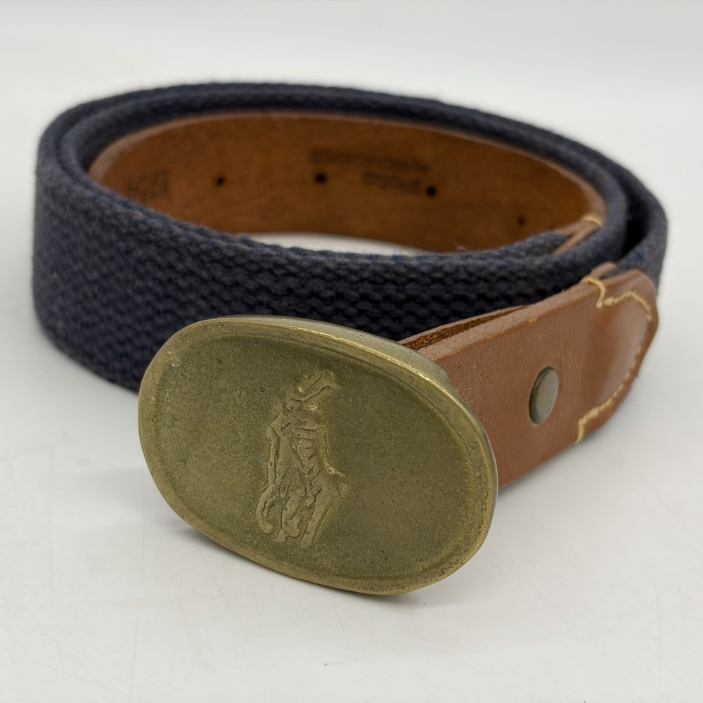 Vintage 80s Polo Ralph Lauren Mens 34 Belt Navy Canvas Brass Pony Buckle Leather